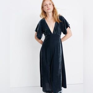 Madewell Velvet Deep-V Midi Dress in Craftsman Blue